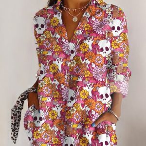 V Neck Long Sleeve Abstract Graphic Regular Micro-Elasticity Regular Fit Shirt For Women, Shirts, color:Pink|size:4XL, catalog Noracora shop
