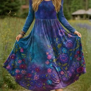 Women Floral Spring/Fall Dress V Neck Long Sleeve A-Line Dress, Maxi, color:Dark Blue|size:5XL, catalog Noracora shop
