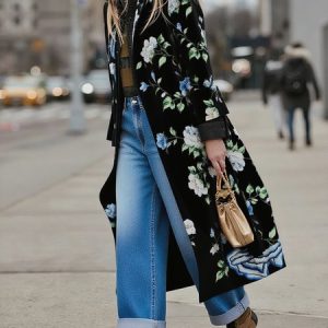 Casual Printing Floral Lapel Collar Trench Coat, Trench Coats, color:Black|size:XXL, Stylewe