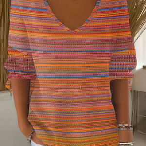 Women Striped Three Quarter Sleeve Tee T-shirt V Neck Vintage Spring/Fall Top, JustFashionNow T-Shirts, color:Color2|size:5XL,