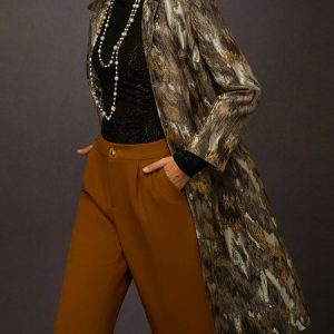 Urban Abstract Colorblock Jacquard Shawl Collar Coat, Coats, color:Brown|size:XXL, Stylewe