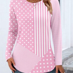 Women Color Block Long Sleeve Tee T-shirt Crew Neck Casual Spring/Fall Top, JustFashionNow T-Shirts, color:Pink|size:4XL,