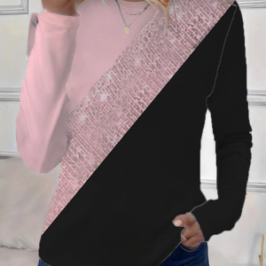 Women Multicolor Block Long Sleeve Tee T-shirt Crew Neck Printing Casual Spring/Fall Graphic Tee Top, JustFashionNow T-Shirts, color:Pink|size:XXL,