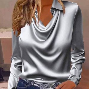 Women Plain Long Sleeve Shirt Spring/Fall Cowl Neck Party Casual Top, JustFashionNow Blouses, color:Gray|size:3XL,