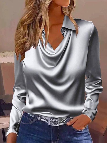 Women Plain Long Sleeve Shirt Spring/Fall Cowl Neck Party Casual Top, JustFashionNow Blouses, color:Gray|size:3XL,