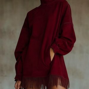 Casual Suede Tassel Hem Balloon Sleeve Mini Dress, Midi Dresses, color:Red|size:XXL, Stylewe