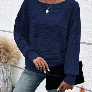 Crew Neck Long Sleeve Plain Regular Micro-Elasticity Loose Blouse For Women, Blouses, color:Navyblue|size:3XL, catalog Noracora shop