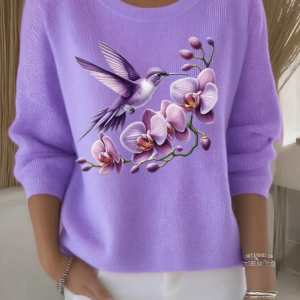 Women Cotton Floral Long Sleeve Comfy Vintage Sweater, Sweaters, color:Light Purple|size:4XL, catalog Noracora shop