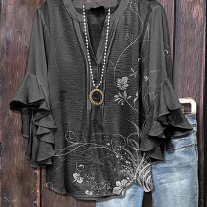 V Neck Half Sleeve Floral Printing Regular Loose Shirt For Women, Blouses, color:Black|size:4XL, catalog Noracora shop