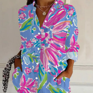 Women Floral Long Sleeve Shirt Spring/Fall Buckle Shirt Collar Daily Casual Top, JustFashionNow Shirts, color:Blue|size:S,