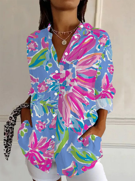 Women Floral Long Sleeve Shirt Spring/Fall Buckle Shirt Collar Daily Casual Top, JustFashionNow Shirts, color:Blue|size:S,