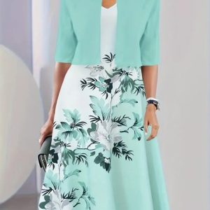 Women Floral Printing Two-Piece Set Daily Short Sleeve Casual Summer Coat With Skirt Matching Set, JustFashionNow Suit Set, color:Lake Blue|size:XXL,