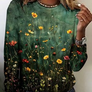 Vintage Plaid Crew Neck Long Sleeve T-shirt, T-shirts, color:Green|size:4XL, catalog Noracora shop