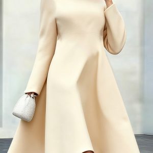 Casual Plain Stand Collar Knee Length Dress, Midi Dresses, color:Beige|size:XXL, Stylewe