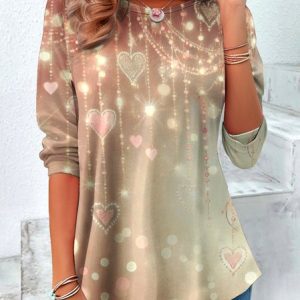 Casual Geometric Crew Neck Long Sleeve T-shirt, T-shirts, color:Champagne|size:4XL, catalog Noracora shop