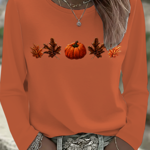 Casual Maple Leaf Crew Neck Long Sleeve T-shirt, T-shirts, color:Orange|size:XXL, catalog Noracora shop