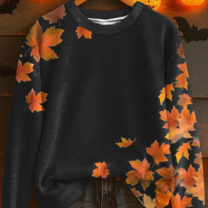Women Maple Leaf Crew Neck Printing Casual Spring/Fall Long Sleeve Sweatshirt, JustFashionNow Sweatshirts & Hoodies, color:Black|size:XXL,