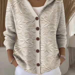 Women Floral Long Sleeve Hoodie Casual Spring/Fall Cardigan Outerwear, JustFashionNow Cardigans, color:Khaki|size:4XL,
