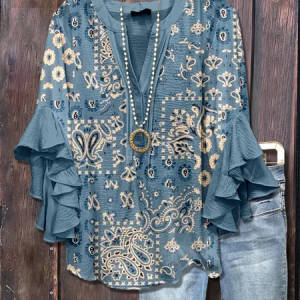 V Neck Half Sleeve Floral Printing Regular Loose Shirt For Women, Blouses, color:Blue|size:5XL, catalog Noracora shop