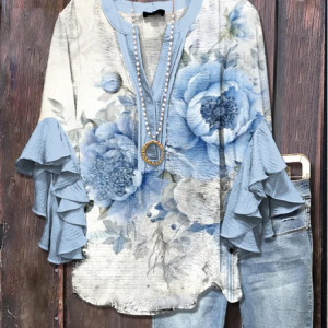 Women Floral Half Sleeve Shirt Summer Printing V Neck Daily Casual Top, JustFashionNow Shirts, color:Blue|size:4XL,