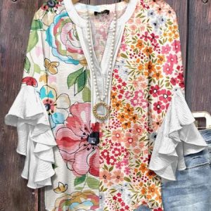 V Neck Half Sleeve Floral Regular Micro-Elasticity Regular Fit Blouse For Women, Blouses, color:White|size:3XL, catalog Noracora shop