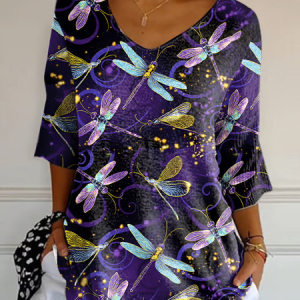 Casual Dragonfly V Neck Three Quarter Sleeve T-shirt, T-shirts, color:Purple|size:5XL, catalog Noracora shop