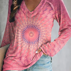 Women Abstract Long Sleeve Blouse Spring/Fall Printing V Neck Daily Casual Top, JustFashionNow T-Shirts, color:Pink|size:M,