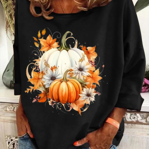 Halloween Pumpkin Print Sweatshirt Casual Floral Crew Neck Long Sleeve T-shirt, Hoodies & Sweatshirts, color:Black|size:5XL, catalog Noracora shop