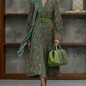 Elegant Abstract Printing Stand Collar Midi Dress, Midi Dresses, color:Green|size:XXL, Stylewe