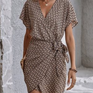 Women Geometric Short Sleeve Summer Asymmetric Dress V Neck Dolman Sleeve Daily Vintage Midi Tank A-Line Dress, JustFashionNow Dresses, color:Khaki|size:XXL,