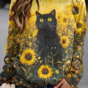Casual Cat And Sunflower Art Pattern Long Sleeve Comfy Sweatshirt, Hoodies & Sweatshirts, color:Yellow|size:4XL, catalog Noracora shop