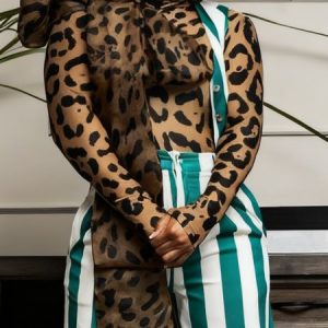 Casual Leopard Printing Mock Neck T-shirt With Scarf, Tees, color:Leopard|size:XXL, Stylewe