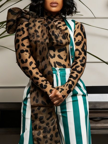 Casual Leopard Printing Mock Neck T-shirt With Scarf, Tees, color:Leopard|size:XXL, Stylewe