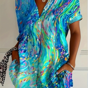 Shirt Collar Short Sleeve Abstract Printing Regular Micro-Elasticity Loose Button Up Shirt Shirt For Women, Shirts, color:Blue|size:5XL, catalog Noracora shop