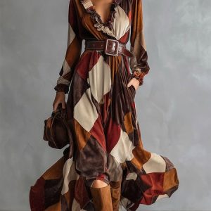 Elegant Plaid Printing V Neck Maxi Dress With Belt, Maxi Dresses, color:As Picture|size:XXL, Stylewe