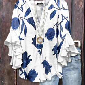 V Neck Half Sleeve Floral Printing Regular Loose Shirt For Women, Blouses, color:White|size:5XL, catalog Noracora shop