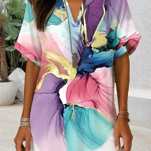 Shawl Collar Half Sleeve Abstract Graphic Regular Loose Blouse For Women, Blouses, color:As Picture|size:4XL, catalog Noracora shop