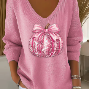 Women Halloween (pumpkin) Long Sleeve Tee T-shirt V Neck Printing Casual Spring/Fall Top, JustFashionNow T-Shirts, color:Pink|size:4XL