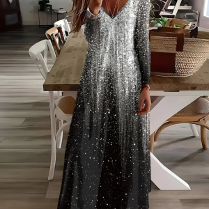 Women Abstract Long Sleeve Spring/Fall Printing Dress V Neck Daily Casual Maxi H-Line Dress, JustFashionNow Casual Dresses, color:Black|size:5XL,