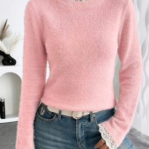 Women Cotton Plain Long Sleeve Comfy Casual Sweater, Sweaters, color:Pink|size:XL, catalog Noracora shop