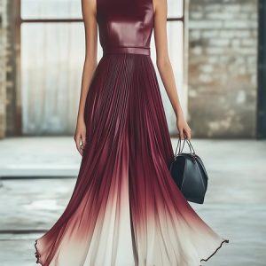 Elegant Gradient Pattern Split Joint Stand Collar Maxi Dress, Maxi Dresses, color:Wine Red|size:XXL, Stylewe