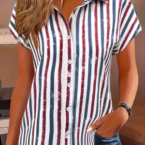 Shirt Collar Short Sleeve Striped Printing Regular Micro-Elasticity Loose Button Up Shirt Shirt For Women, Shirts, color:As Picture|size:5XL, catalog Noracora shop