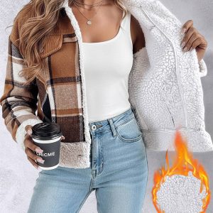 Vintage Plaid Print Corduroy Spliced Turn-down Collar Button Front Jacket Casual Flap Detail Faux Shearling Trim Crop Coat, women Jackets & Coats, ChicMe catalog