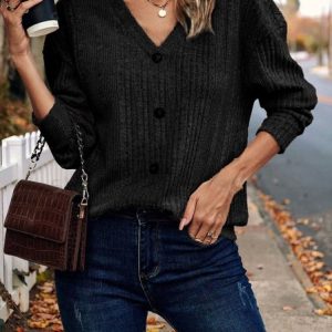 Women Plain Long Sleeve Tee T-shirt V Neck Split Joint Casual Spring/Fall Top, JustFashionNow T-Shirts, color:Black|size:XXL,