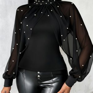 Pearls Decor High Neck Chiffon Draped Cape-style Split Sleeve Spliced Tee Hollow-out Back Slim Fit Top, women T-shirt & Tees, ChicMe catalog