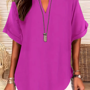 Women Plain Short Sleeve Shirt Summer V Neck Daily Casual Top, JustFashionNow Shirts, color:Purple|size:5XL,