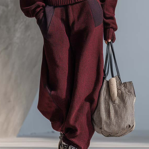Casual Color Block Ankle Banded Pants, Pants, color:Wine Red|size:XXL, Stylewe