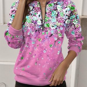 Vintage Crew Neck Floral Sweatshirt, Hoodies & Sweatshirts, color:Deep Pink|size:XXL, catalog Noracora shop