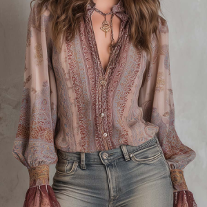 Chiffon Casual Floral Printing Cross Neck Shirt, Blouses and Shirts, color:Pink|size:XXL, Stylewe