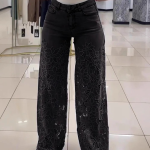 High waist wide leg pants for women fashionable temperament versatile hollow lace splicing denim drape pants, Pants, color:Black|size:3XL, catalog Noracora shop
